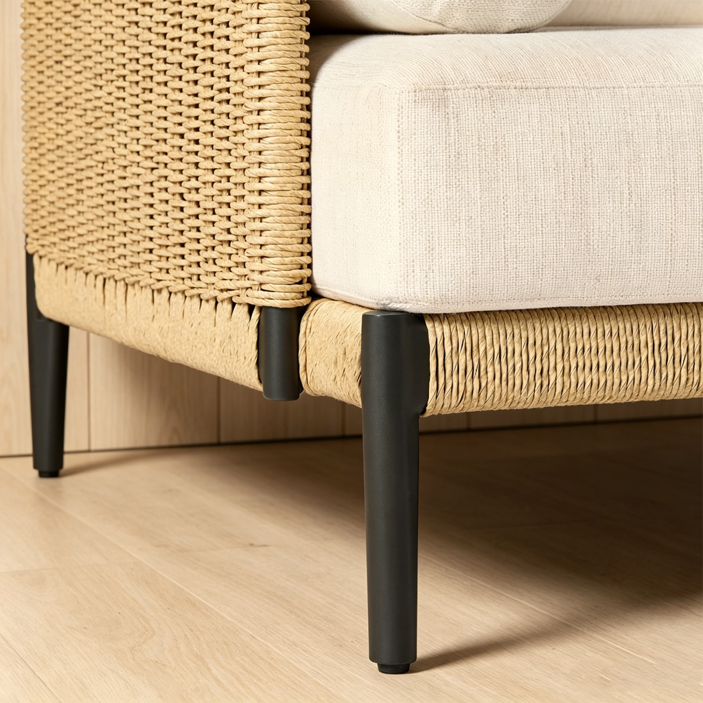Ventura lounge chair cylindrical bolster pillow and plush cream seat cushion detail