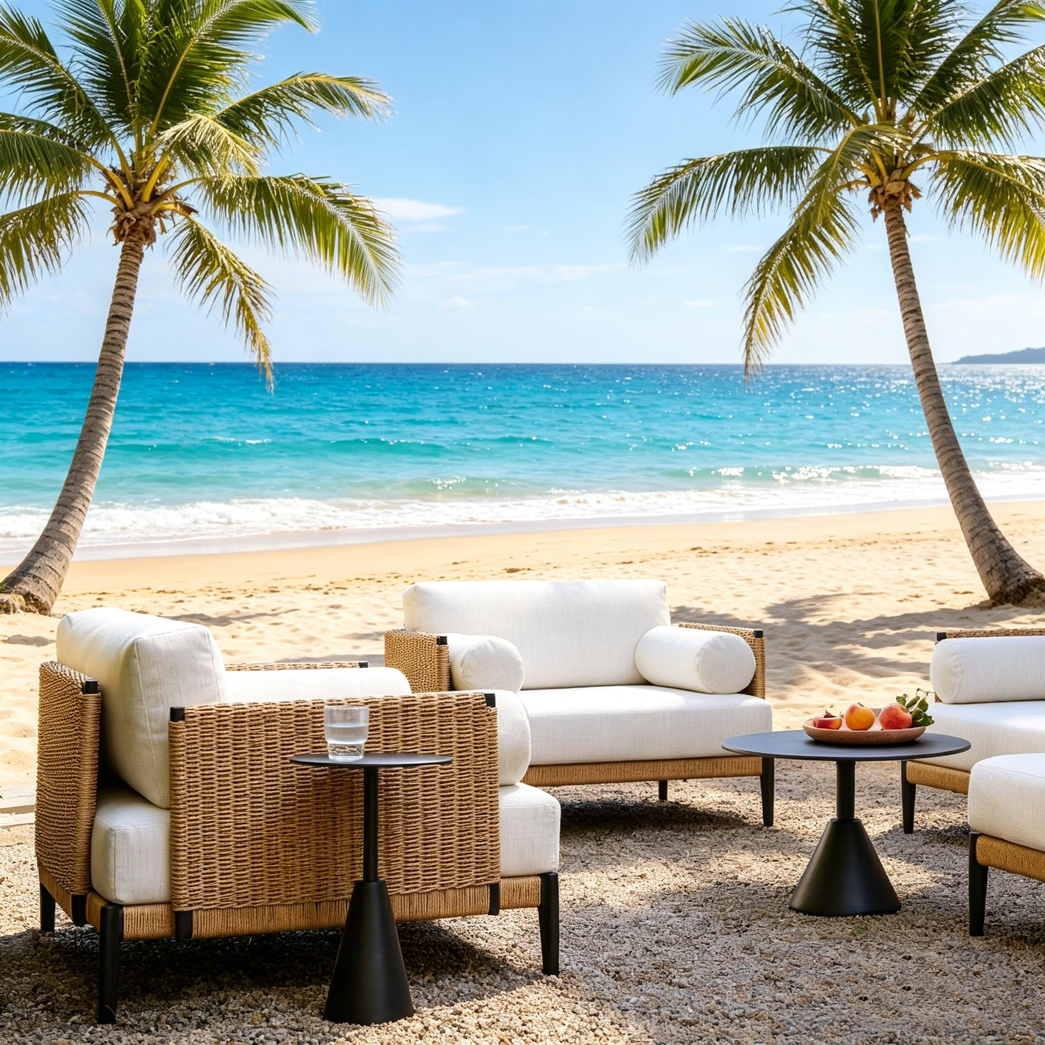 Ventura Aluminum Outdoor Lounge Chair in Seashore finish with cream cushions and handwoven wicker sides